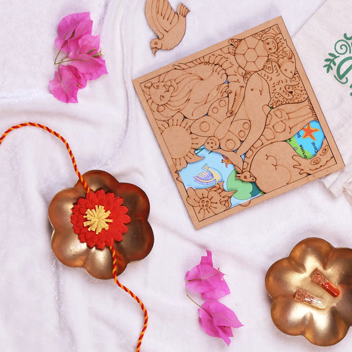 Eco-Friendly Festive Rakhi Hamper | Includes 1 Puzzle, 1 Rakhi, 1 Roli Chawal & 1 Greeting Card