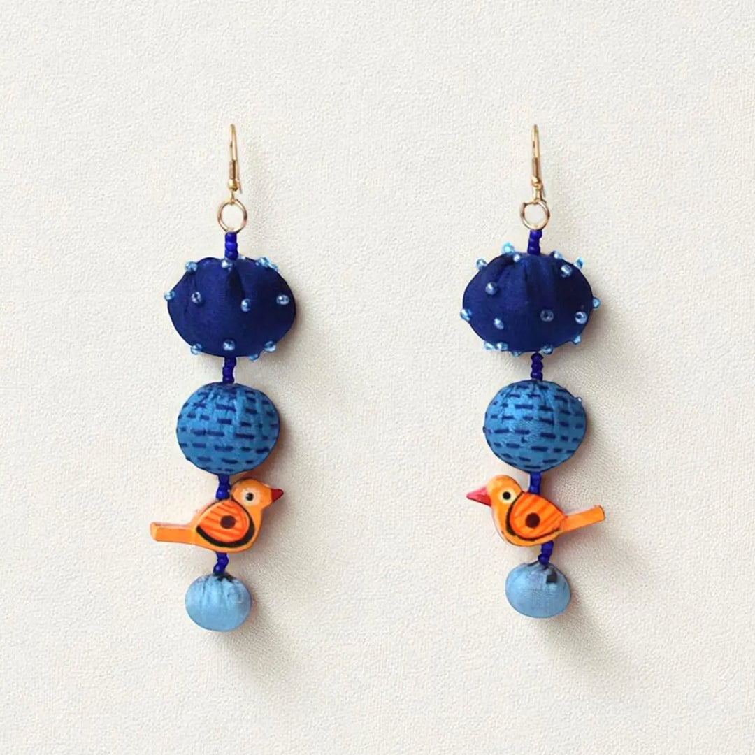 Handmade Textile Art Parrot Charm Dupion Silk Fabric Earrings