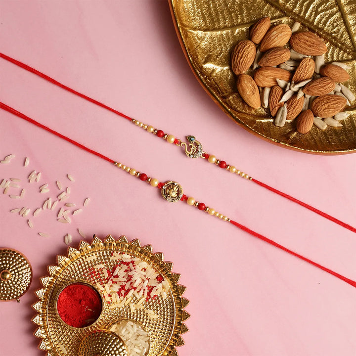 Handmade Festive Rakhi Hamper | Includes 1 "Family" Table Decor, 1 Ganesha Rakhi, 1 Om Rakhi, 1 Roli Chawal