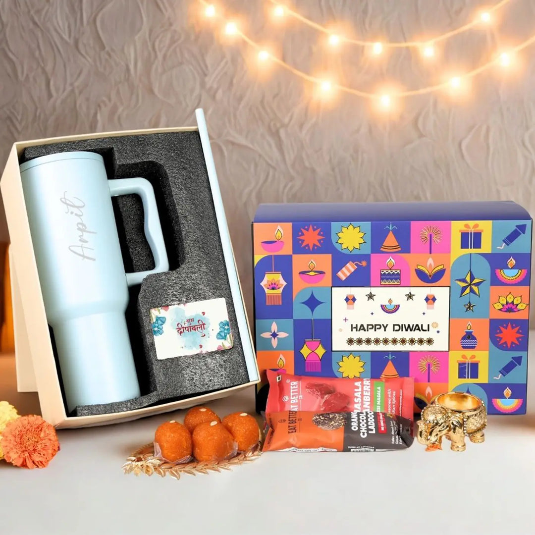 Personalized Diwali Gift Hamper | Includes 1 Tumbler, 1 Cranberry Bar, 1 Chocolate Ladoo, 1 Greeting Card