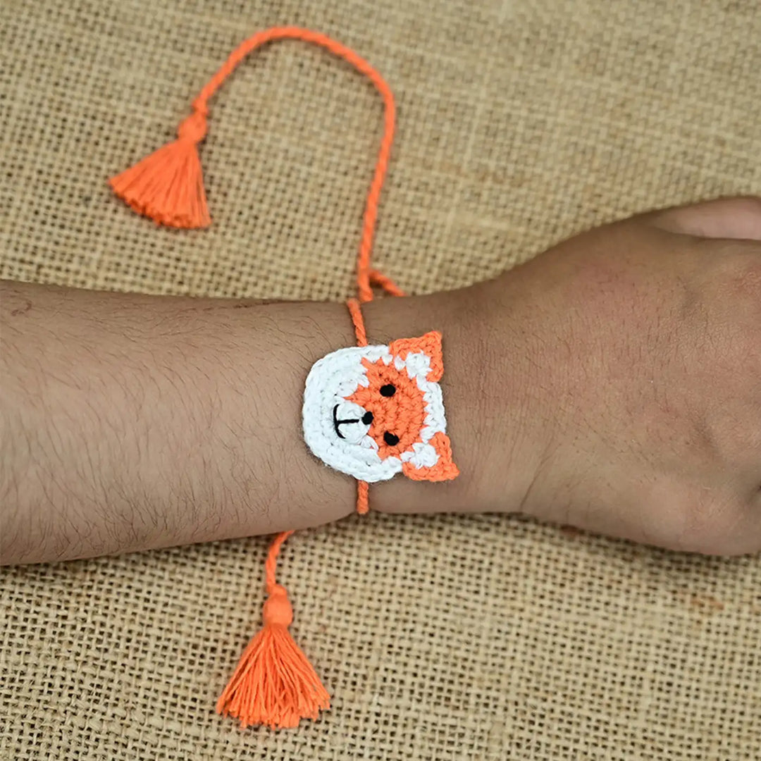 Handmade Crochet Fox Theme Kids Rakhi With Roli Chawal
