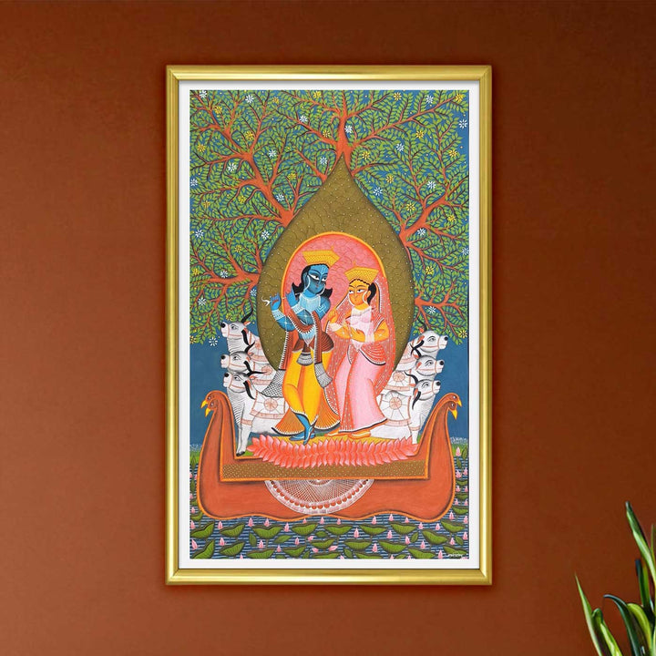 29 x 48 Inch | Radha Krishna On Boat | Original Hand Painted Kalighat Painting | Natural Pigment On Paper