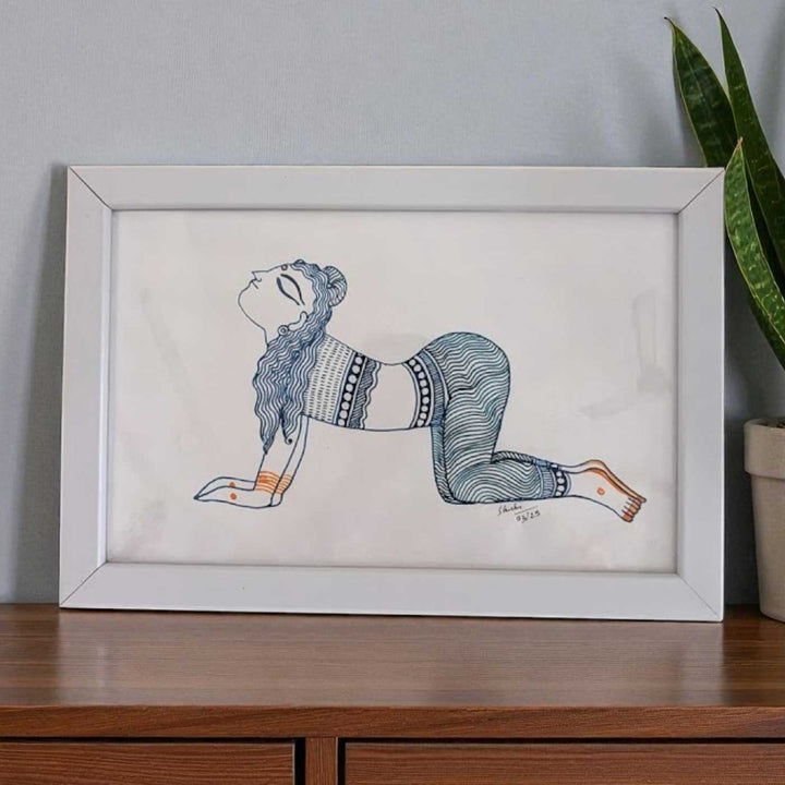 6 x 9 Inch | Marjaryasan Yoga Pose | Minimalist Black & White Mudhubani Style Line Drawing With Frame