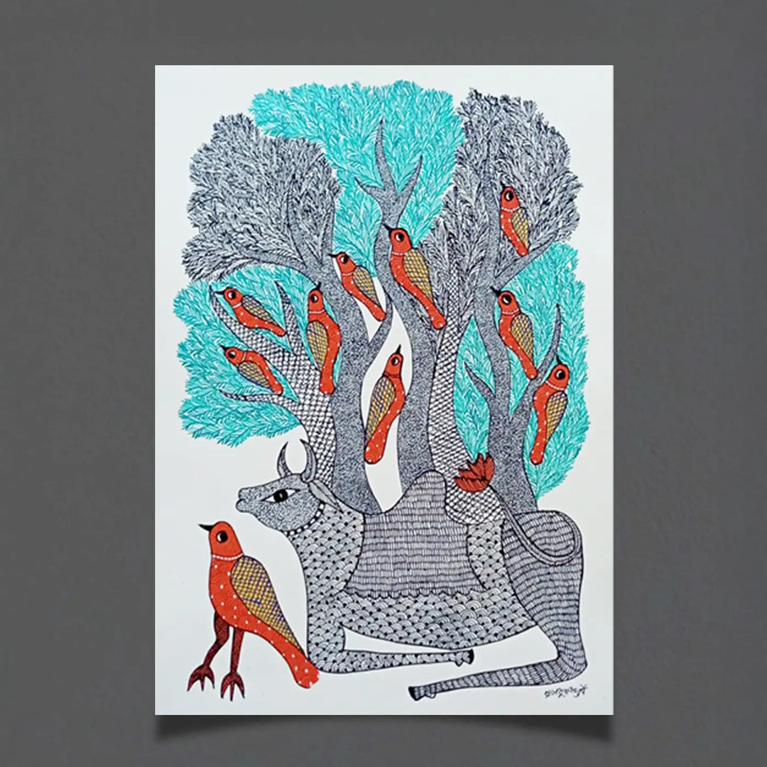 16 x 23 Inch | Bull & Bird| Original Hand Painted Tribal Gond Art Painting | Acrylic Paint On Paper