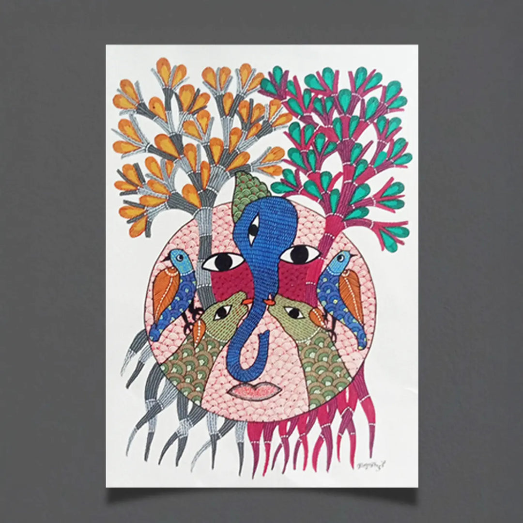 11 x 16 Inch | Trees, Birds & Human Face | Original Hand Painted Tribal Gond Art Painting | Acrylic Paint On Paper