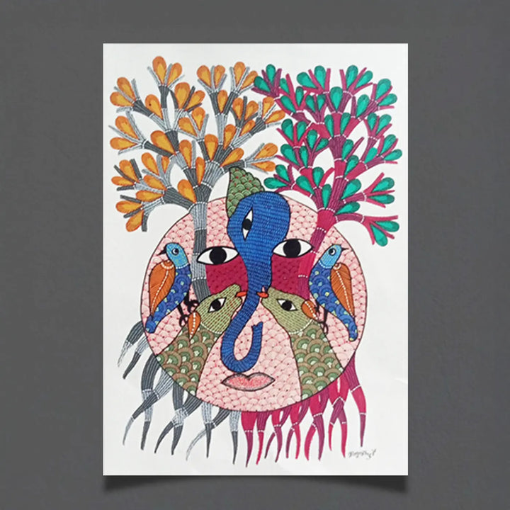 11 x 16 Inch | Trees, Birds & Human Face | Original Hand Painted Tribal Gond Art Painting | Acrylic Paint On Paper