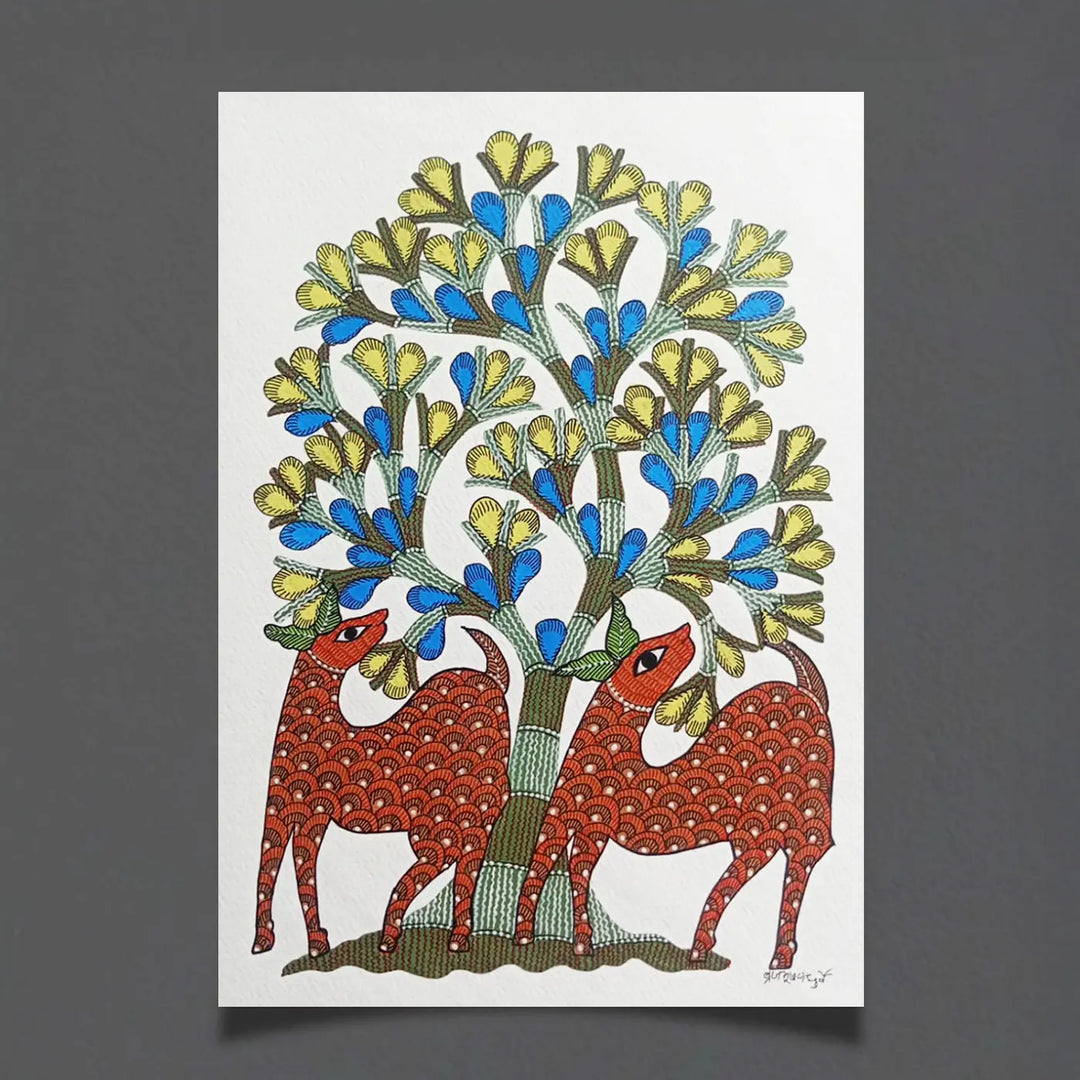 11 x 16 Inch | Two Deer Under Tree | Original Hand Painted Tribal Gond Art Painting | Acrylic Paint On Paper
