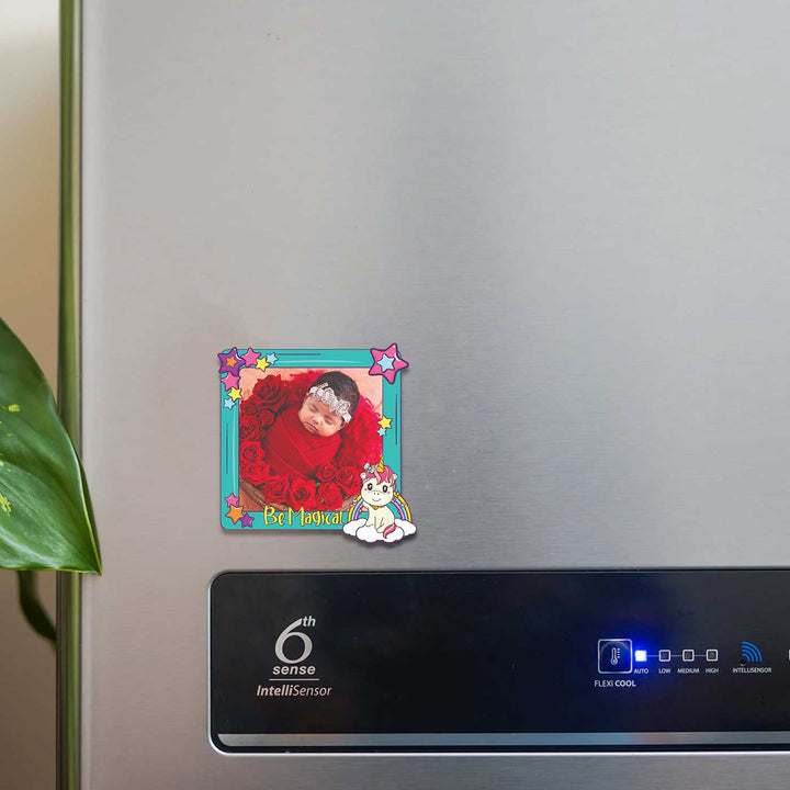 Photo Personalized Pink Unicorn Theme Wooden Fridge Magnet