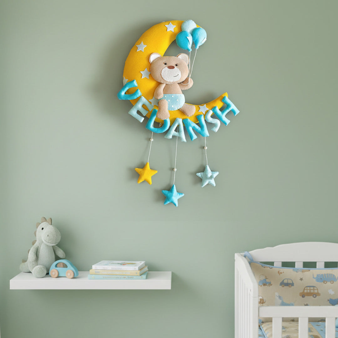 Hand-stitched Teddy Themed Felt Moon Nameplate with Birthdate For Kids