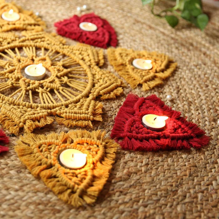 Handmade Macrame Rangoli Design Cotton Tealight Holder | Includes 1 Center Piece, 8 Small Pieces And 10 Tea Light Candles
