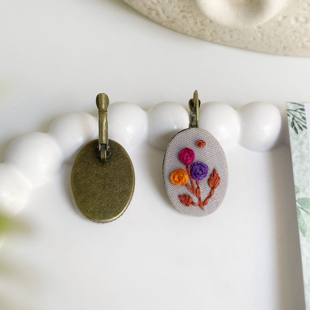 Hand Embroidered Blossom Pop Bronze Tone Earrings