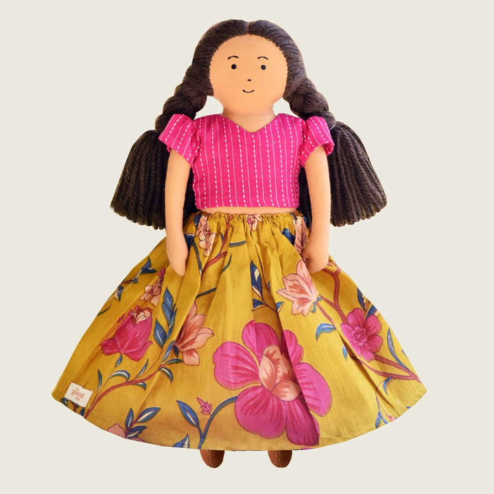 Nilah in Pink & Mustard Dress With Changeable Outfits | Soft Hand-Stitched Sustainable Indian Play Doll