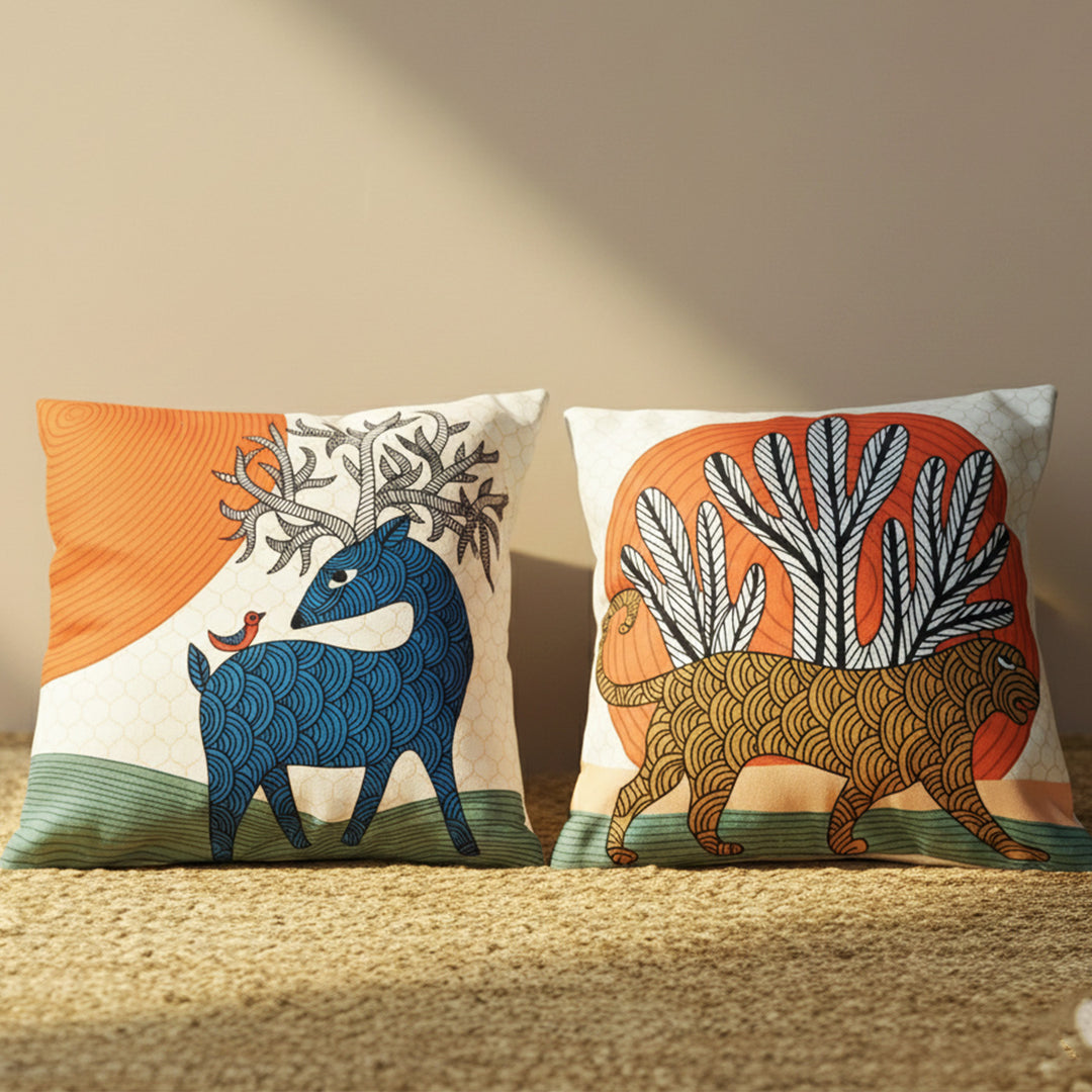 16 Inch | Printed Gond Jungle Delight Cushion Cover