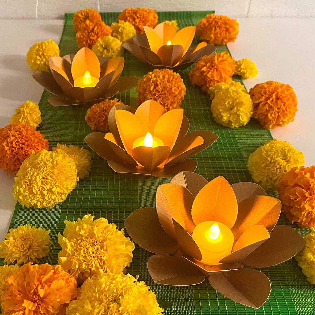 Handmade DIY Lotus Design Paper Tealight Holder With Electic Tealights | Set Of 4