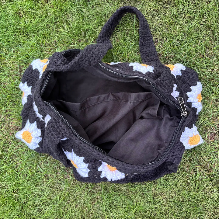 Handmade Crochet Daisy Flower Design Cotton Tote Bag
