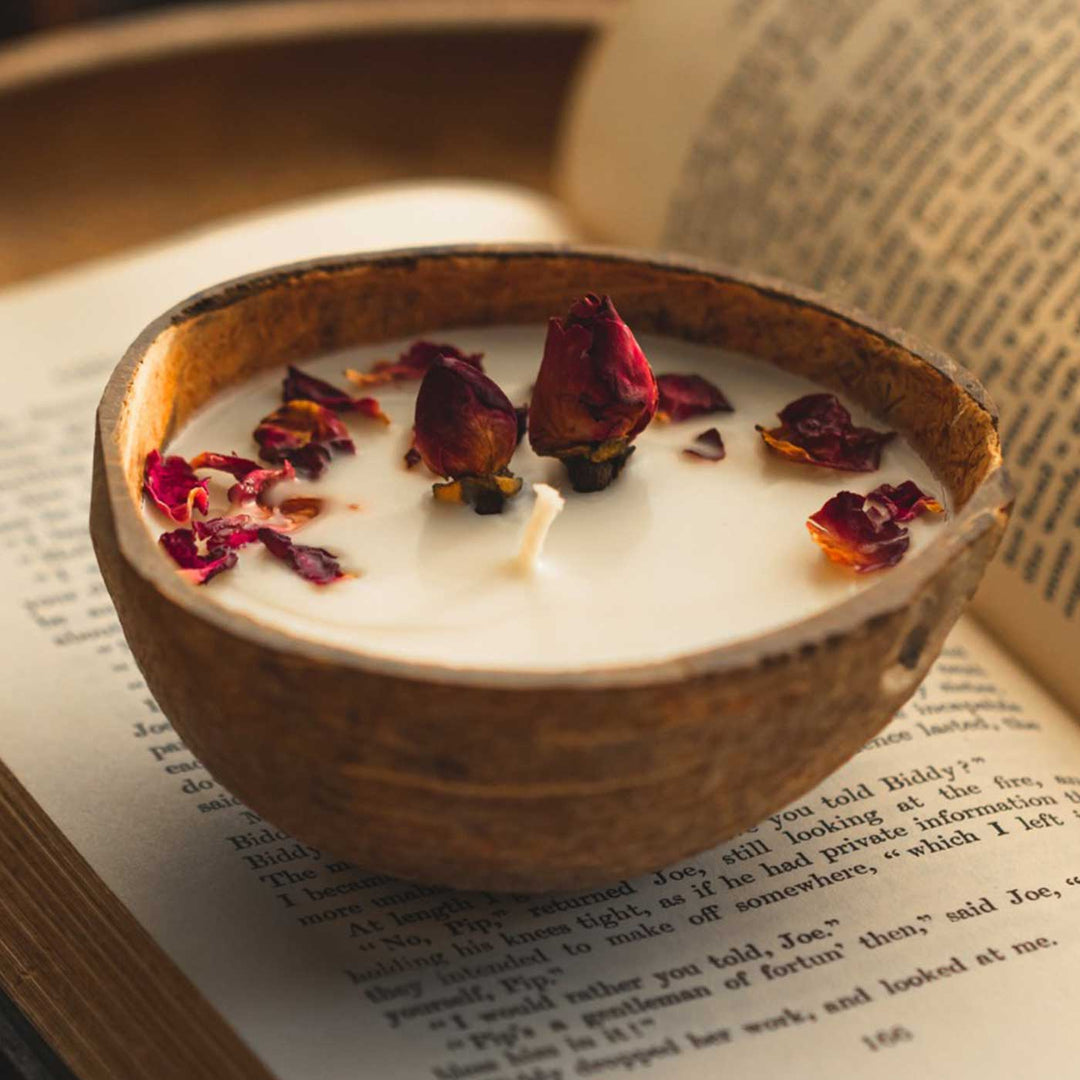 10 Pc | Eco-friendly Handmade Rose Scented Coconut Shell Candle