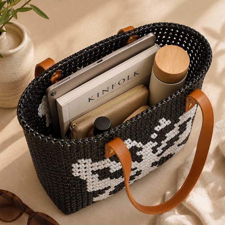 Handwoven Black Koodai Tote Bag with White Butterfly Motif