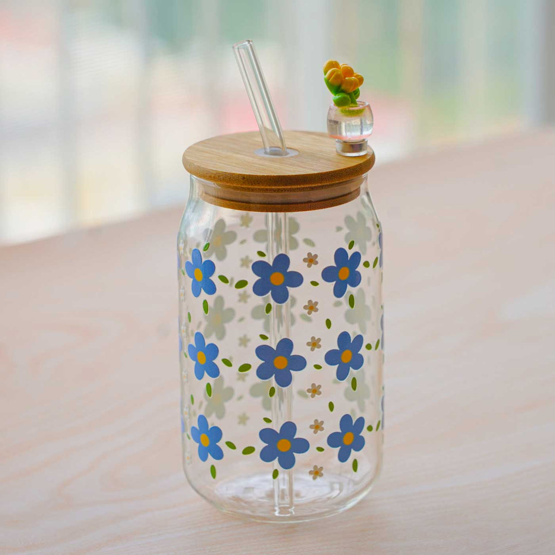 Cute Printed "Floral" Theme Glass Tumbler With Straw For Kids