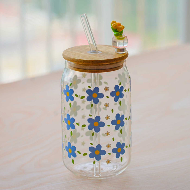 Cute Printed "Floral" Theme Glass Tumbler With Straw For Kids