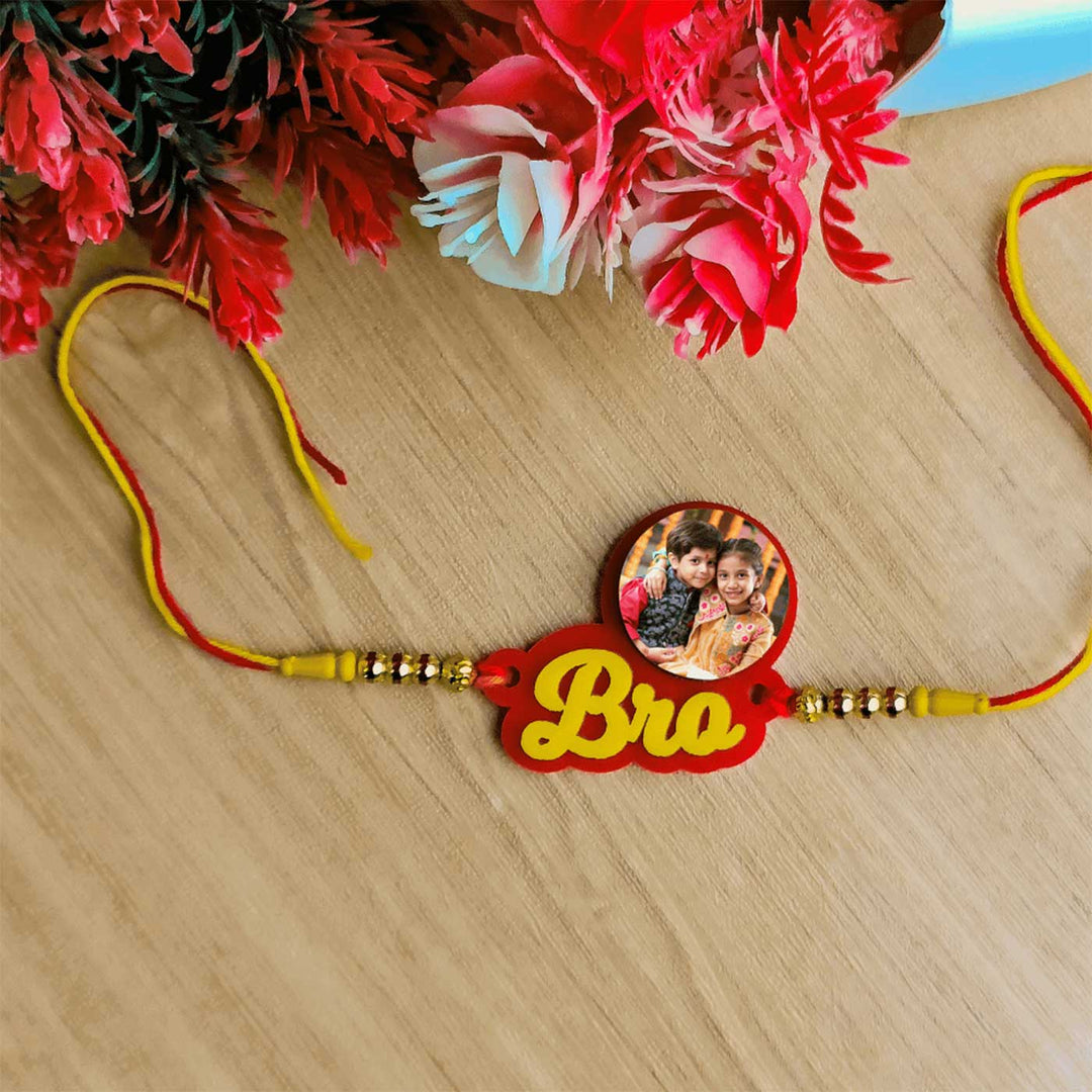 Photo Personalized Handmade Bro Theme Rudraksh Rakhi For Brother - Full bracelet laid out flat