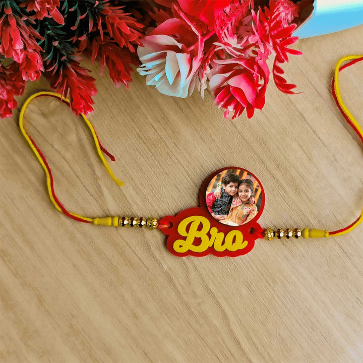 Photo Personalized Handmade Bro Theme Rudraksh Rakhi For Brother - Full bracelet laid out flat