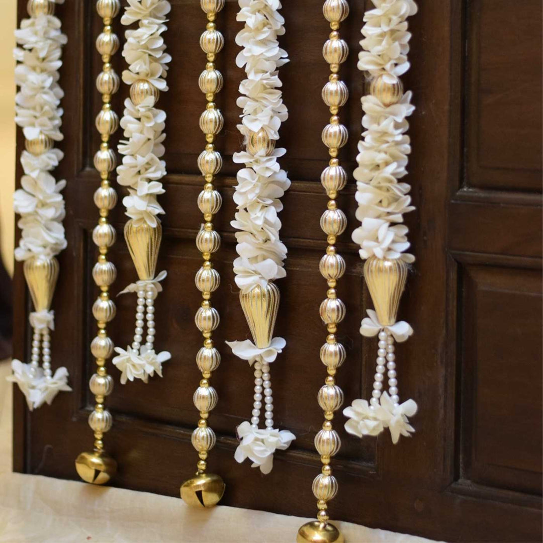 10 Pc | Shwet Gota Hanging Set with White Floral & Gold Bead Strings