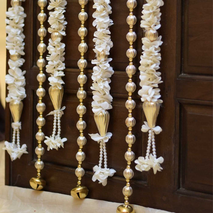 10 Pc | Shwet Gota Hanging Set with White Floral & Gold Bead Strings