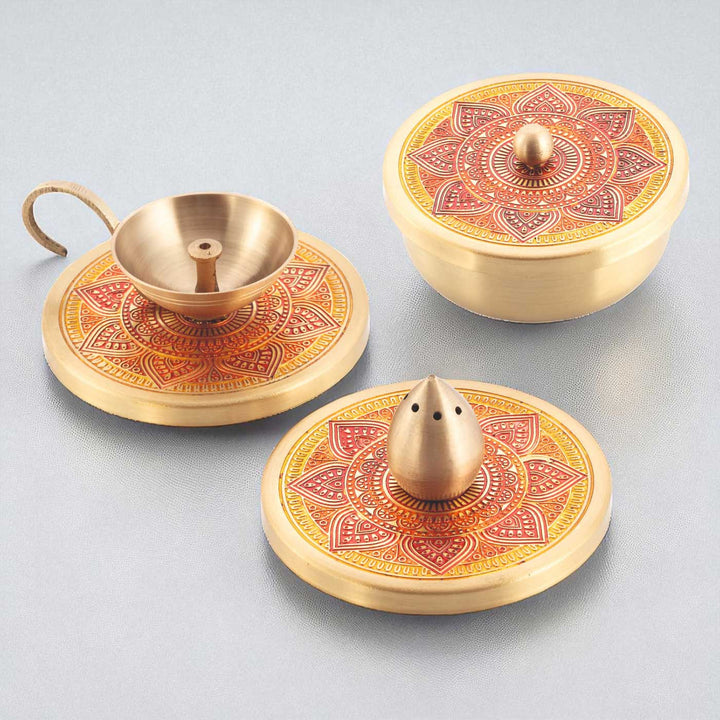Hand-Painted Puri Brass Gift Hamper | Includes 1 Diya, 1 Incense Holder, 2 Containers And 1 Gift Box