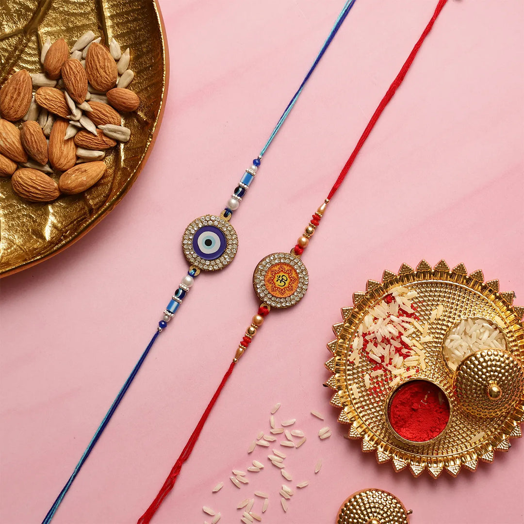Handmade Om & Evil Eye Rakhi With Roli Chawal | Set Of 2