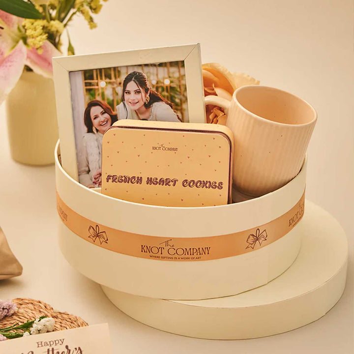 Photo Personalized Sweet Like Maa Gift Box | Includes 1 Ivory Photo Frame, 1 French Heart Cookies Tin, 1 Ribbed & Glazed Ceramic Mug, 1 Mother’s Day Postcard, 1 Chic Circular Gift Box
