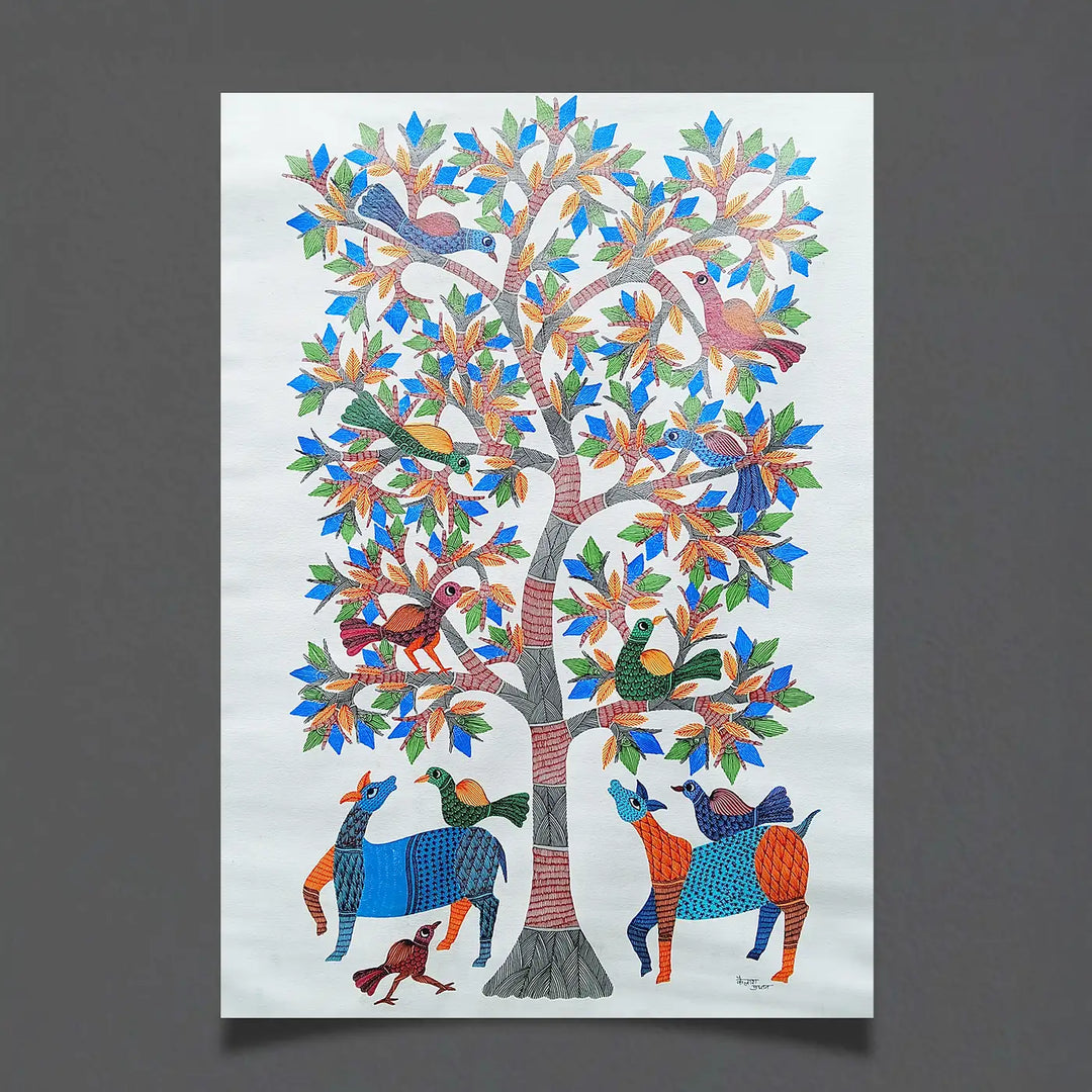 24 x 36 Inch | Tree Of Life With Birds | Original Hand painted Tribal Gond Art Painting | Acrylic Paints On Canvas