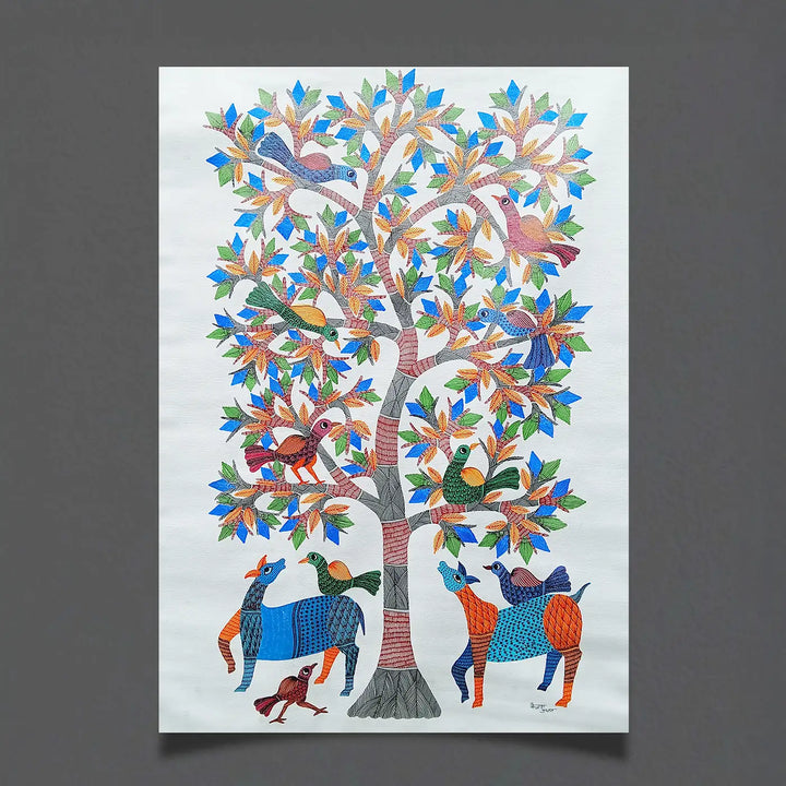 24 x 36 Inch | Tree Of Life With Birds | Original Hand painted Tribal Gond Art Painting | Acrylic Paints On Canvas