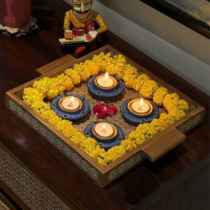 Set of 5 | "Blue Bloom" Hand-Painted Terracotta Disc & Long Diya Tealight Holders For Festive Decor