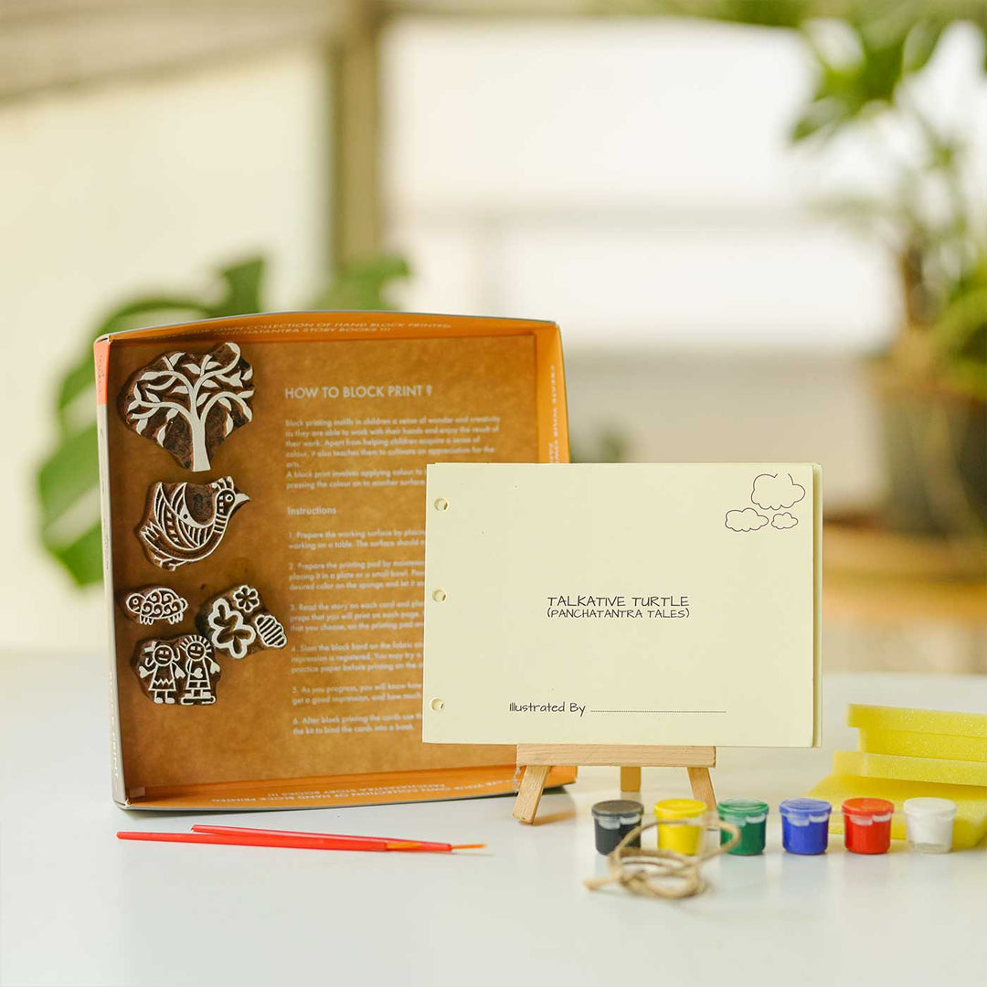 Talkative Turtle Panchatantra Block Printing DIY Kit | 5 Stamps, Poster Colours, Painting Brush, Printing Pads, Story Cards  And Jute String