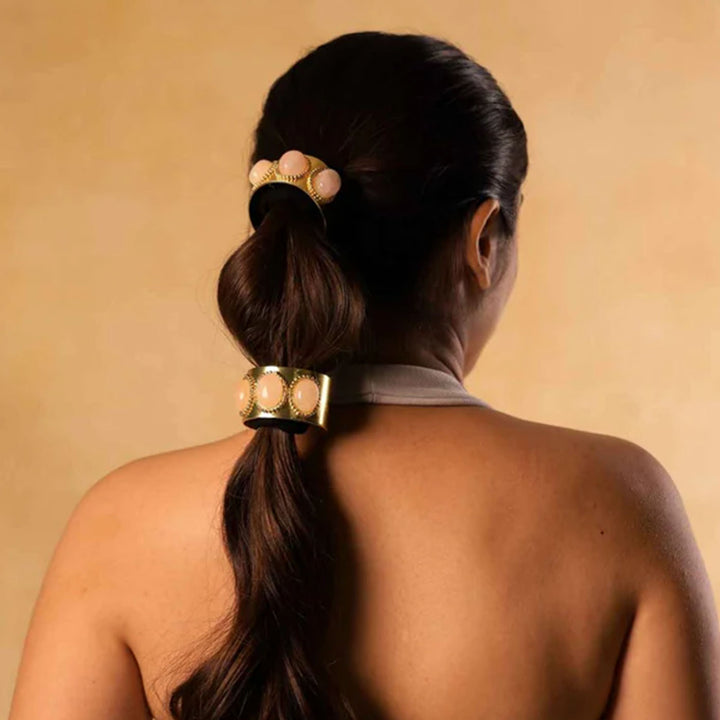 Statement Rose Quartz & 18k Gold Plated Brass Ponytail Cuff Hair Tie