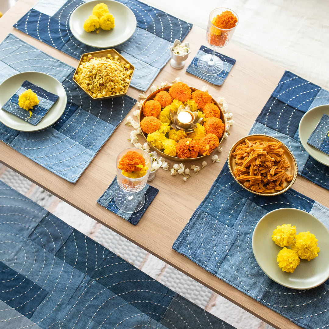 Upcycled Hand Embroidered Denim Spiral Eco-Friendly Table Runner & Mat