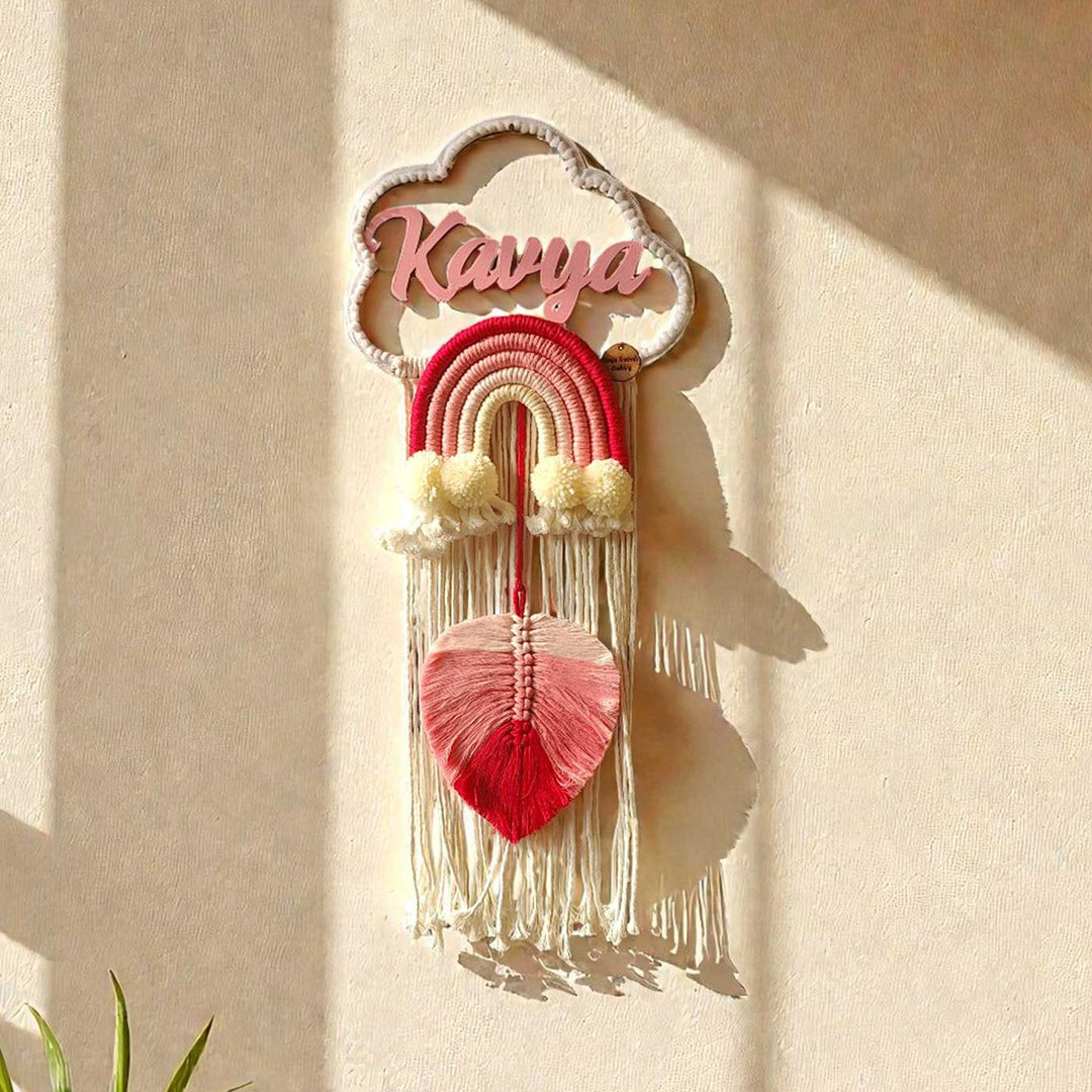 Personalized Macrame Pink Rainbow & Cloud Theme Kids Name Plate