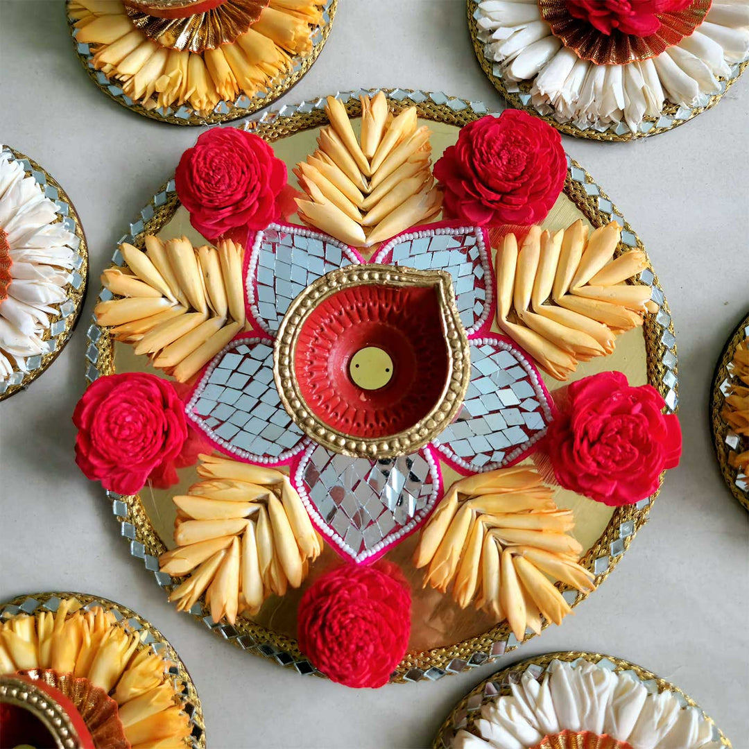 Handmade Sola Flowers With Diya Reusable Rangoli | 1 Center Piece, 3 Side Rangoli Piece And 3 Side Diyas