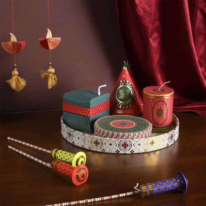 Handmade Pataka Paper Hamper | Includes 1 Jameen Chakar Box, 1 Sutli Bomb Box, 1 Bomb Box, 1 Anar Box, 3 Rockets & 1 Gift Tray