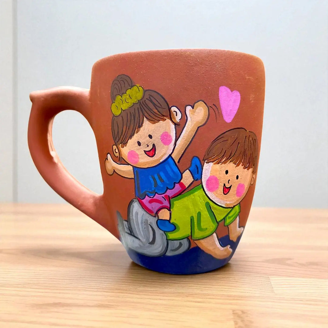 Hand-Painted Siblings Caricature Illustration Terracotta Mug
