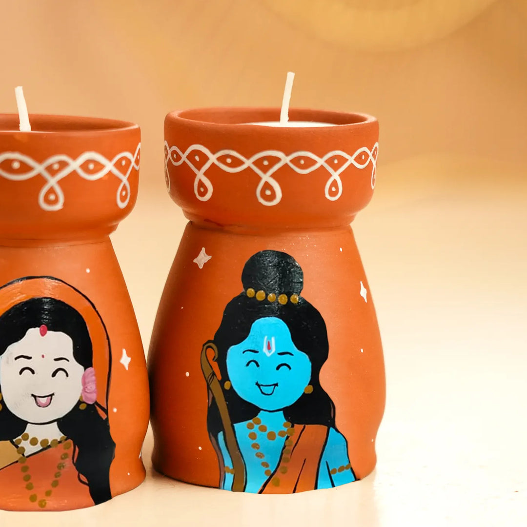 Hand-Painted Ram Sita Terracotta Tealight Holder | Set Of 2