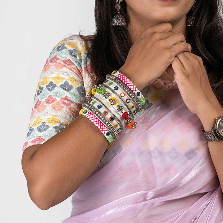 White Handcrafted Harika Ghungroo Embroidery Bangles | Set of 7