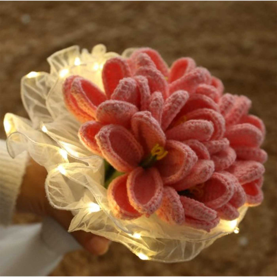 Handmade Crochet Acrylic Yarn Flower Bouquet With Fairy Light Wrap