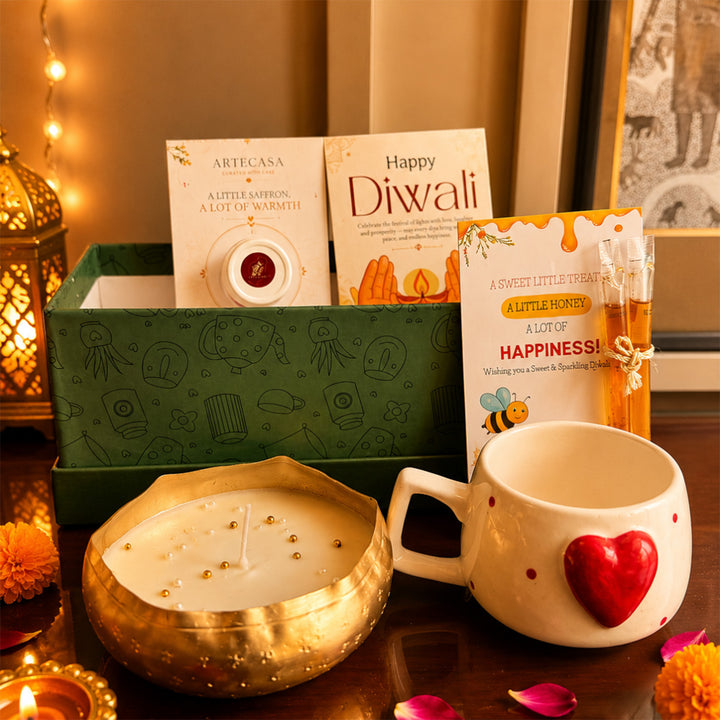 Green Aura Diwali Gift Hamper With Mug And Urli Soy Wax Scented Candle For Festive Gifting