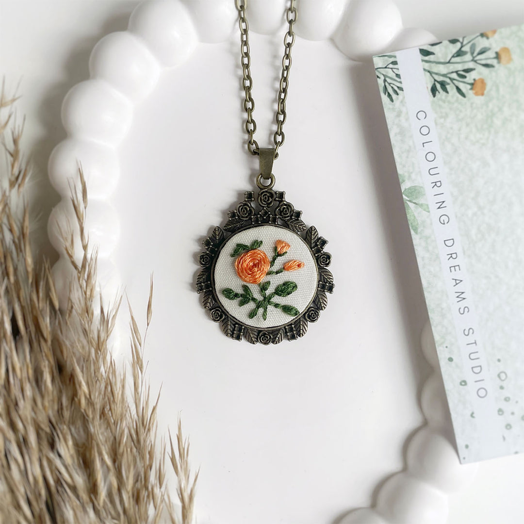 Hand Embroidered Zinnia Cluster Antique Finish Necklace