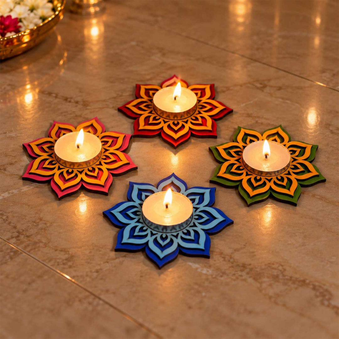 Set of 4 | Handcrafted Colourful Mandala Wooden Tealight Holders
