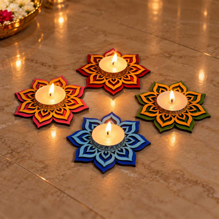 Set of 4 | Handcrafted Colourful Mandala Wooden Tealight Holders