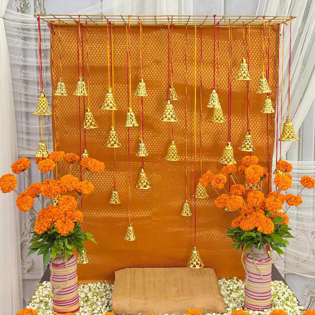 Orange Brocade Pooja Backdrop Decor Kit With Jaali Stand, Hanging Bells & Nada Chadi