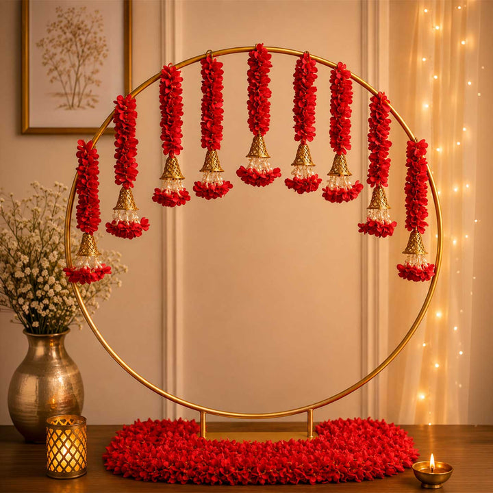 Red Floral Tassel Golden Circular Backdrop Decor Kit With Bells