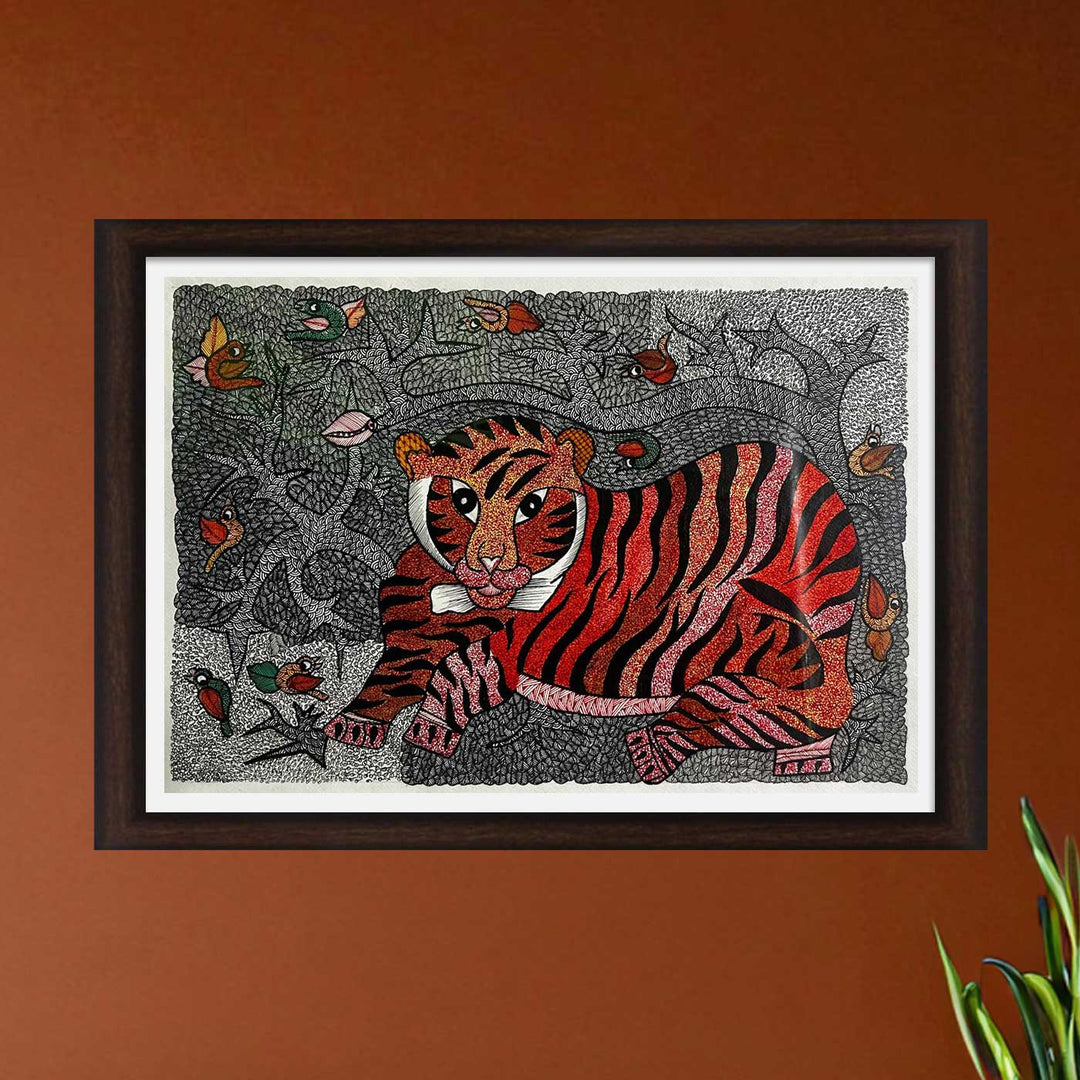 15 x 22 Inch | Tiger & Birds | Original Hand Painted Tribal Gond Art Painting | Acrylic Paints On Paper